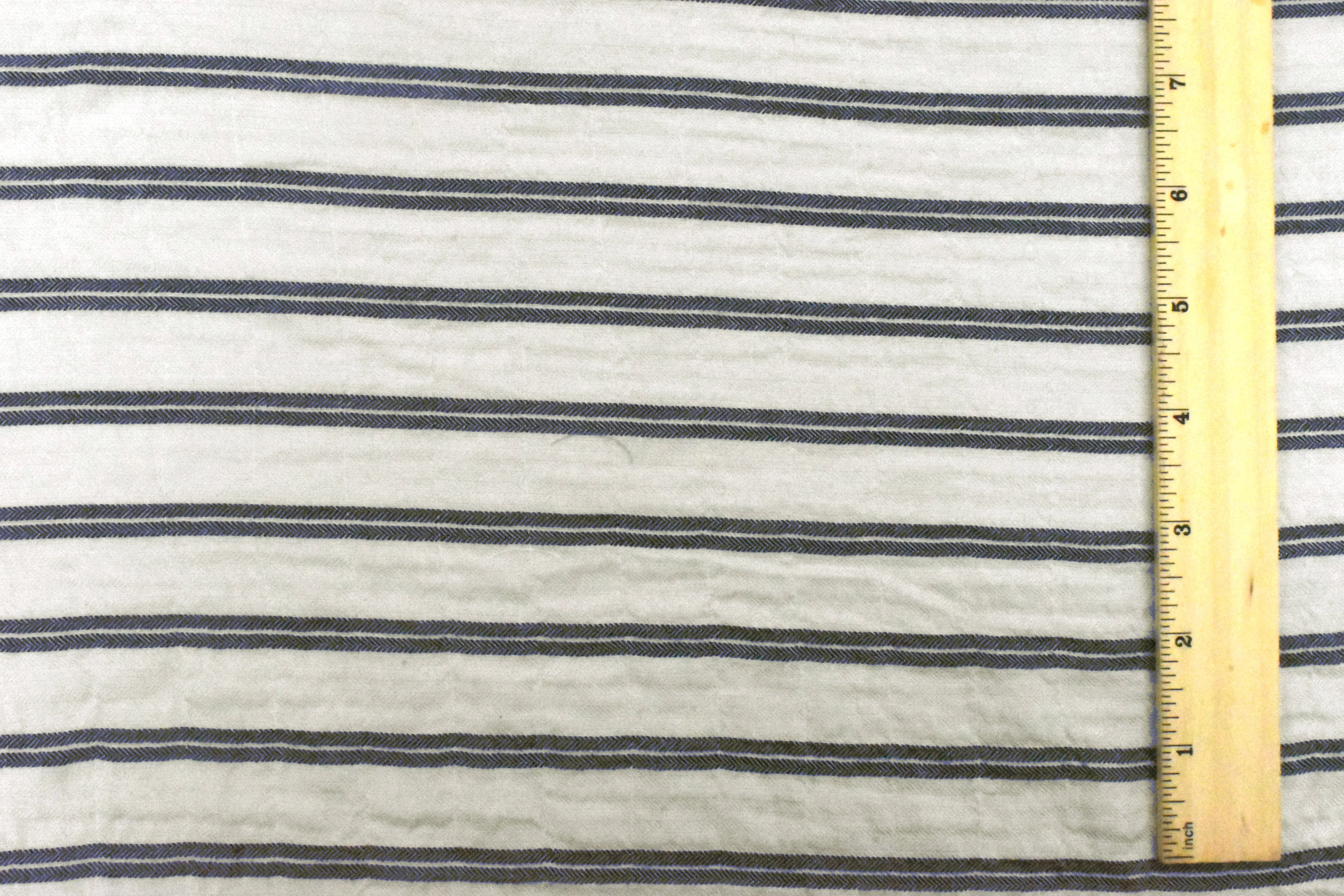 2 1/4 YD PC-Aged Ivory-Navy Blue Stripe Wrinkled Texture Herringbone Twill Woven Fabric