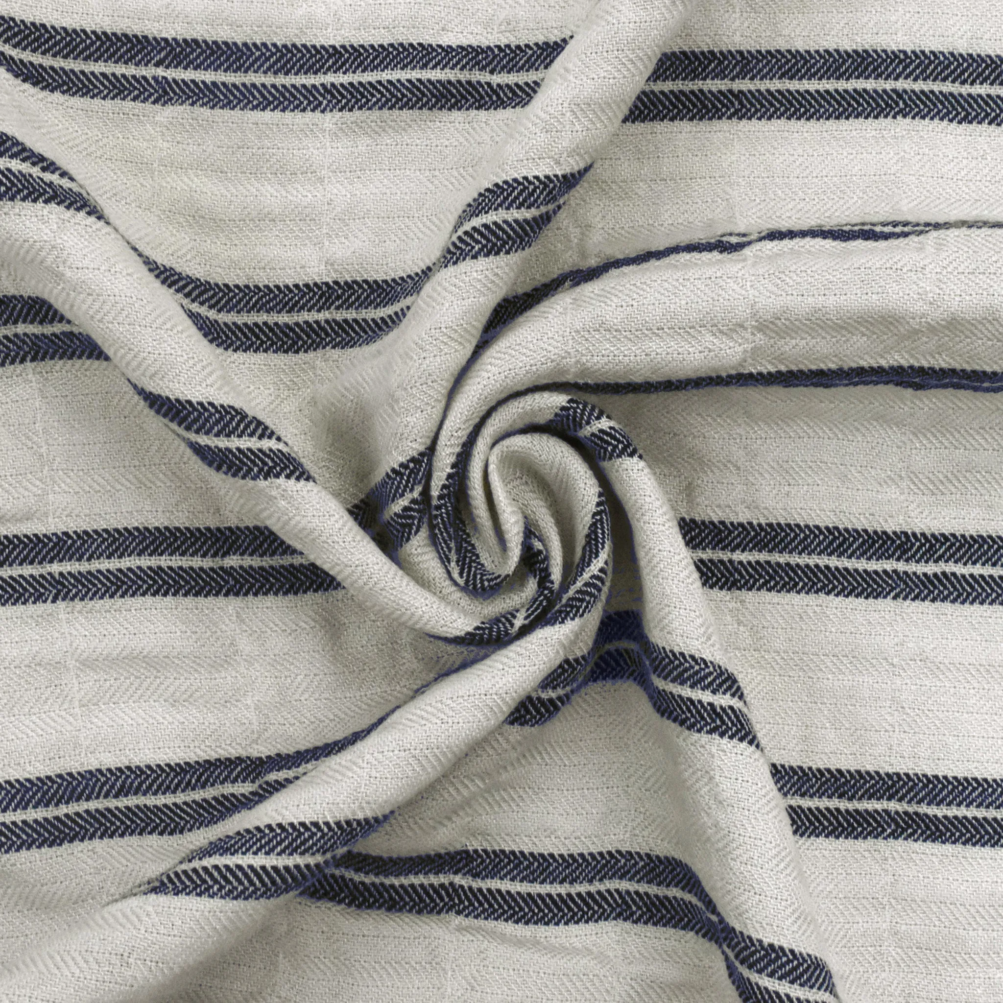 2 1/4 YD PC-Aged Ivory-Navy Blue Stripe Wrinkled Texture Herringbone Twill Woven Fabric