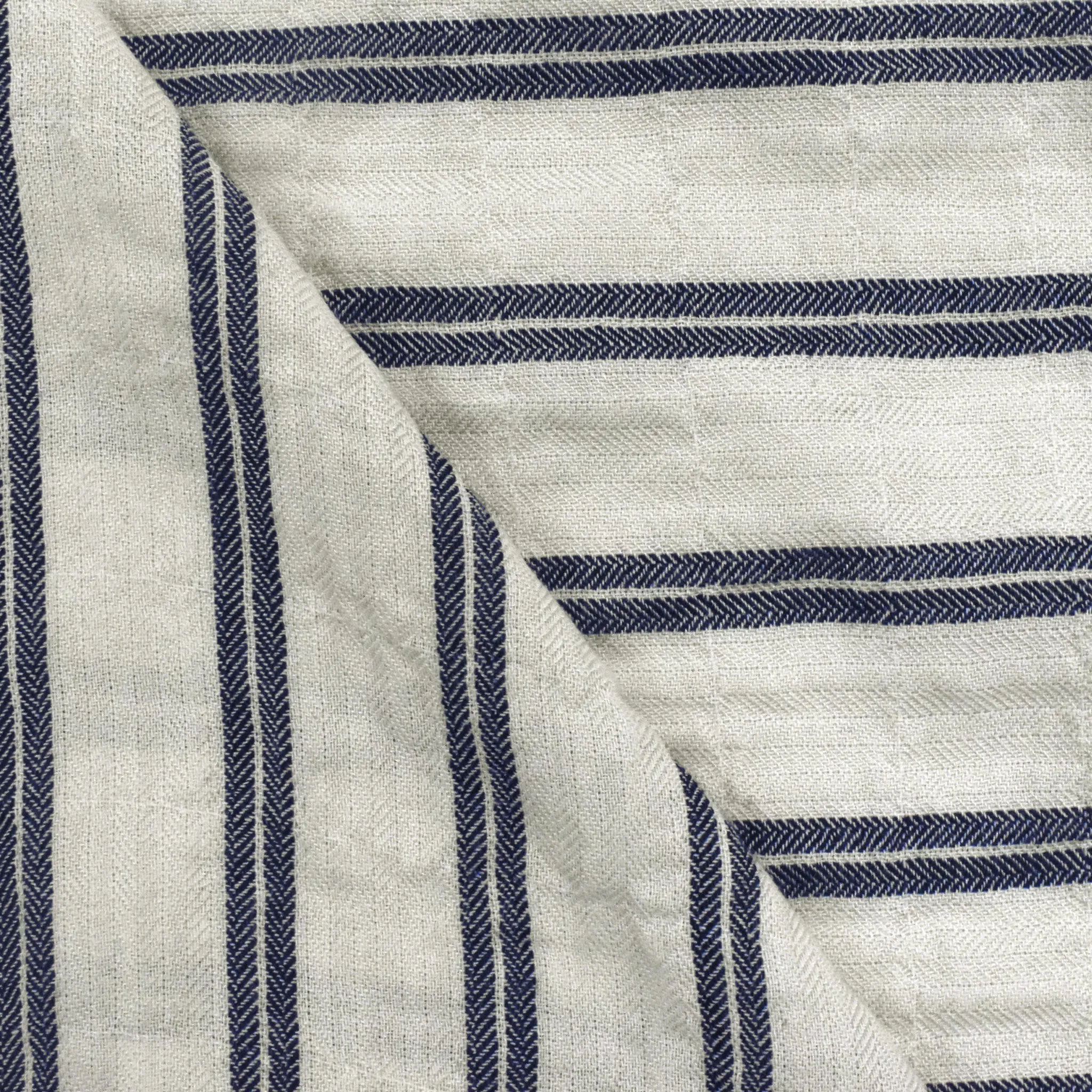 2 1/4 YD PC-Aged Ivory-Navy Blue Stripe Wrinkled Texture Herringbone Twill Woven Fabric