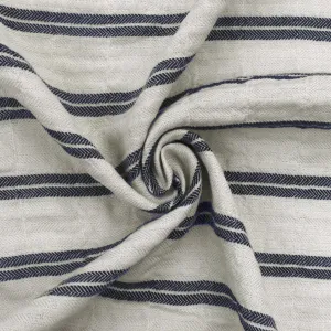 2 1/4 YD PC-Aged Ivory-Navy Blue Stripe Wrinkled Texture Herringbone Twill Woven Fabric