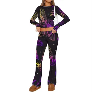 2 Piece Sets for Women 2025 The Four Seasons Travel Outfits Foldover Flare Pants Long Sleeve T-shirt Casual Comfy Loungewear