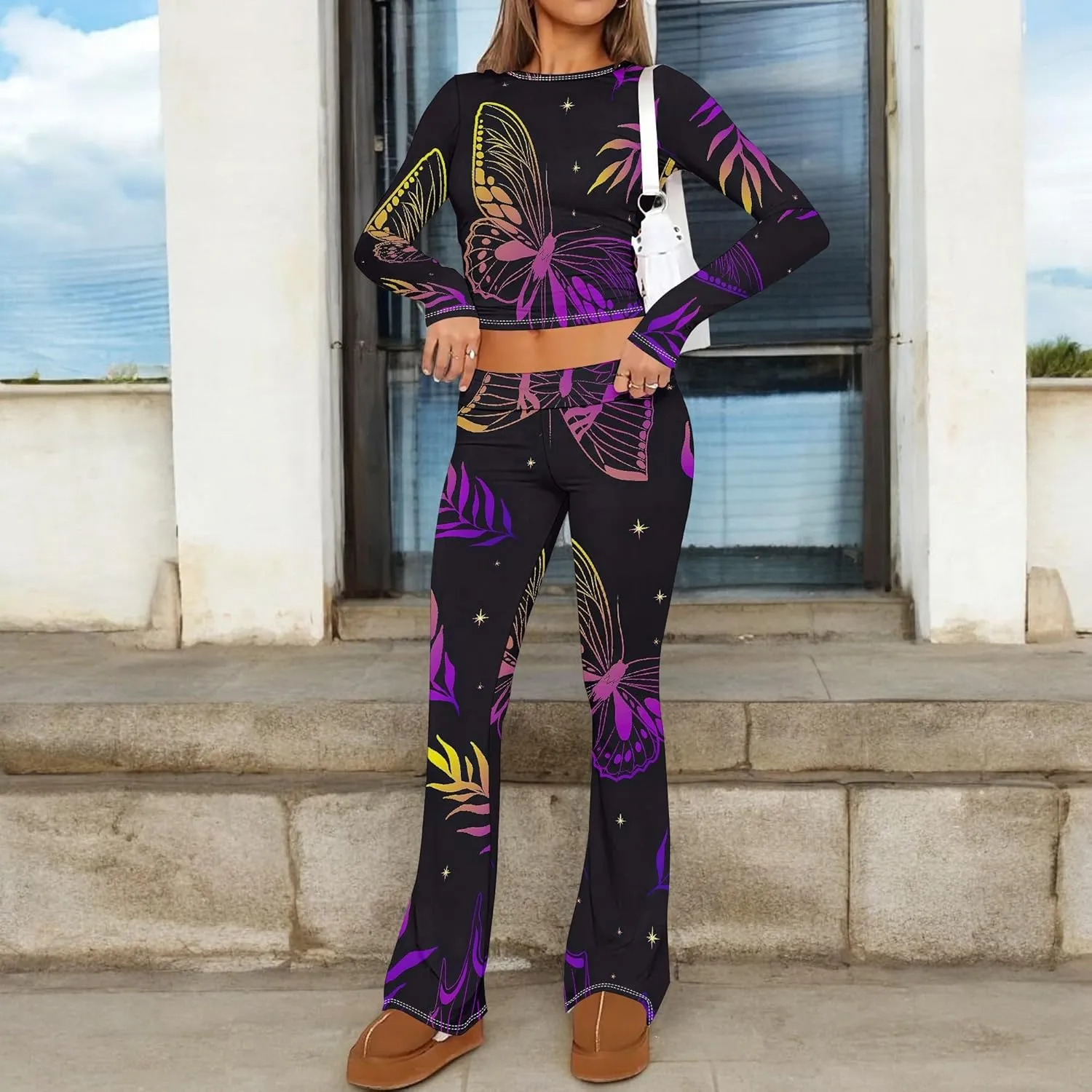 2 Piece Sets for Women 2025 The Four Seasons Travel Outfits Foldover Flare Pants Long Sleeve T-shirt Casual Comfy Loungewear