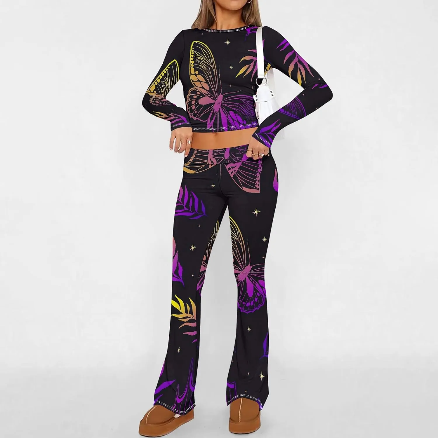 2 Piece Sets for Women 2025 The Four Seasons Travel Outfits Foldover Flare Pants Long Sleeve T-shirt Casual Comfy Loungewear