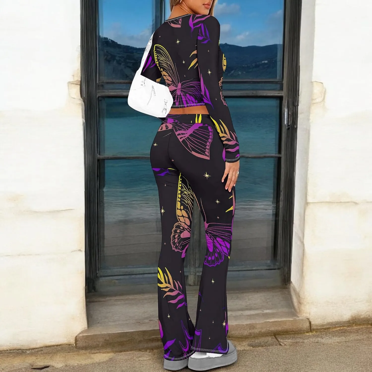 2 Piece Sets for Women 2025 The Four Seasons Travel Outfits Foldover Flare Pants Long Sleeve T-shirt Casual Comfy Loungewear