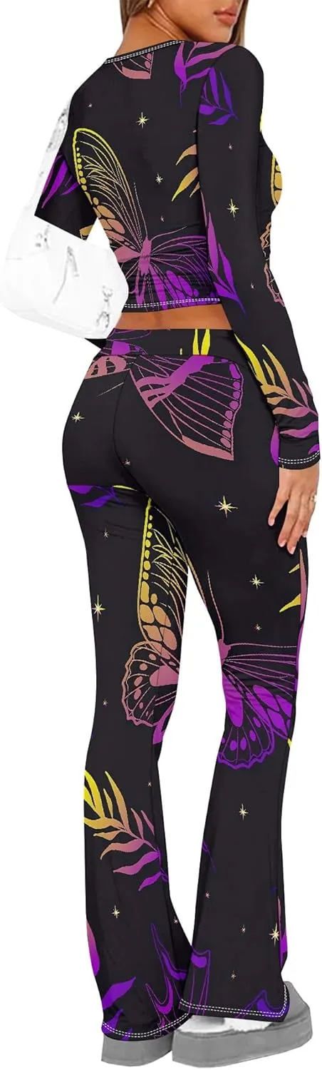 2 Piece Sets for Women 2025 The Four Seasons Travel Outfits Foldover Flare Pants Long Sleeve T-shirt Casual Comfy Loungewear