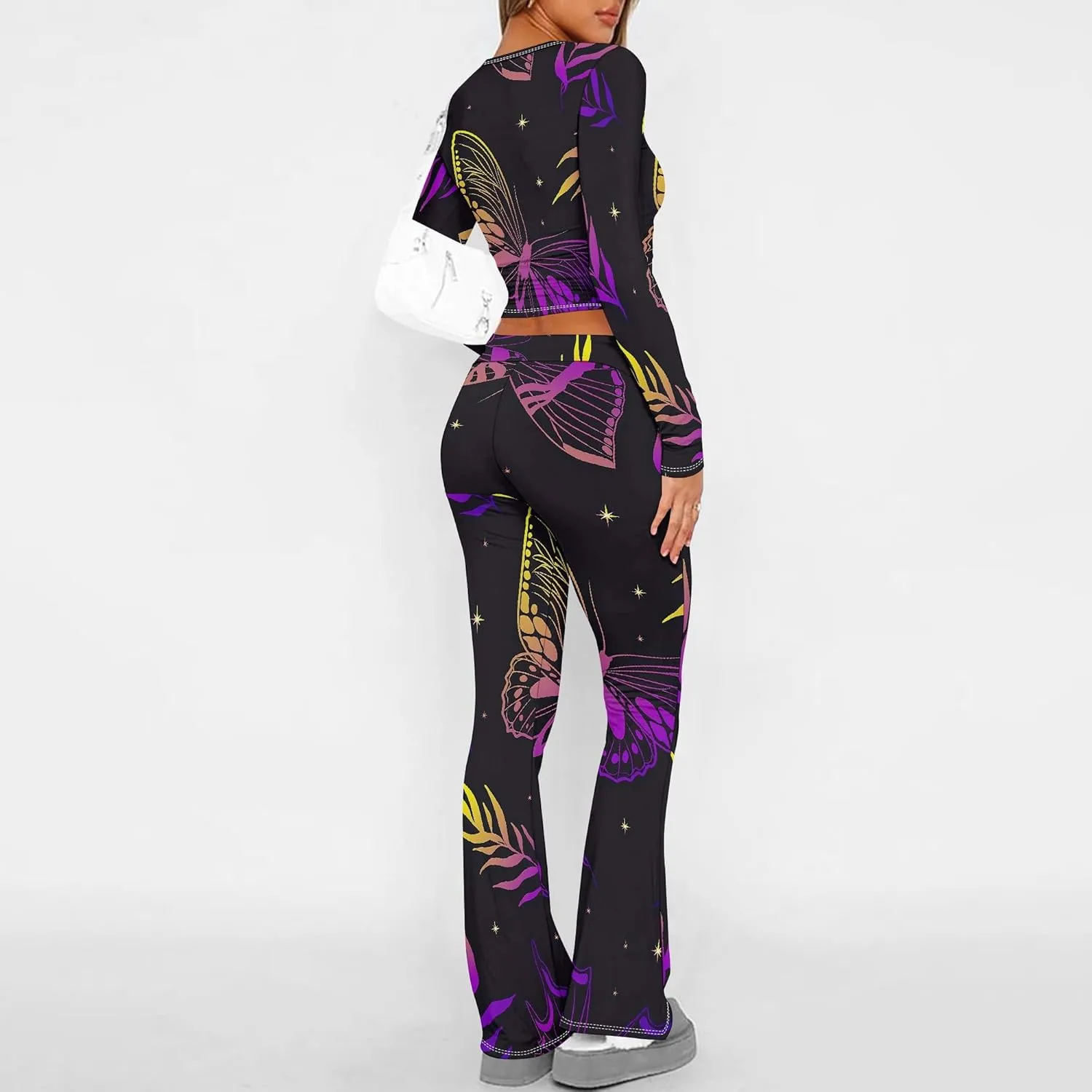 2 Piece Sets for Women 2025 The Four Seasons Travel Outfits Foldover Flare Pants Long Sleeve T-shirt Casual Comfy Loungewear
