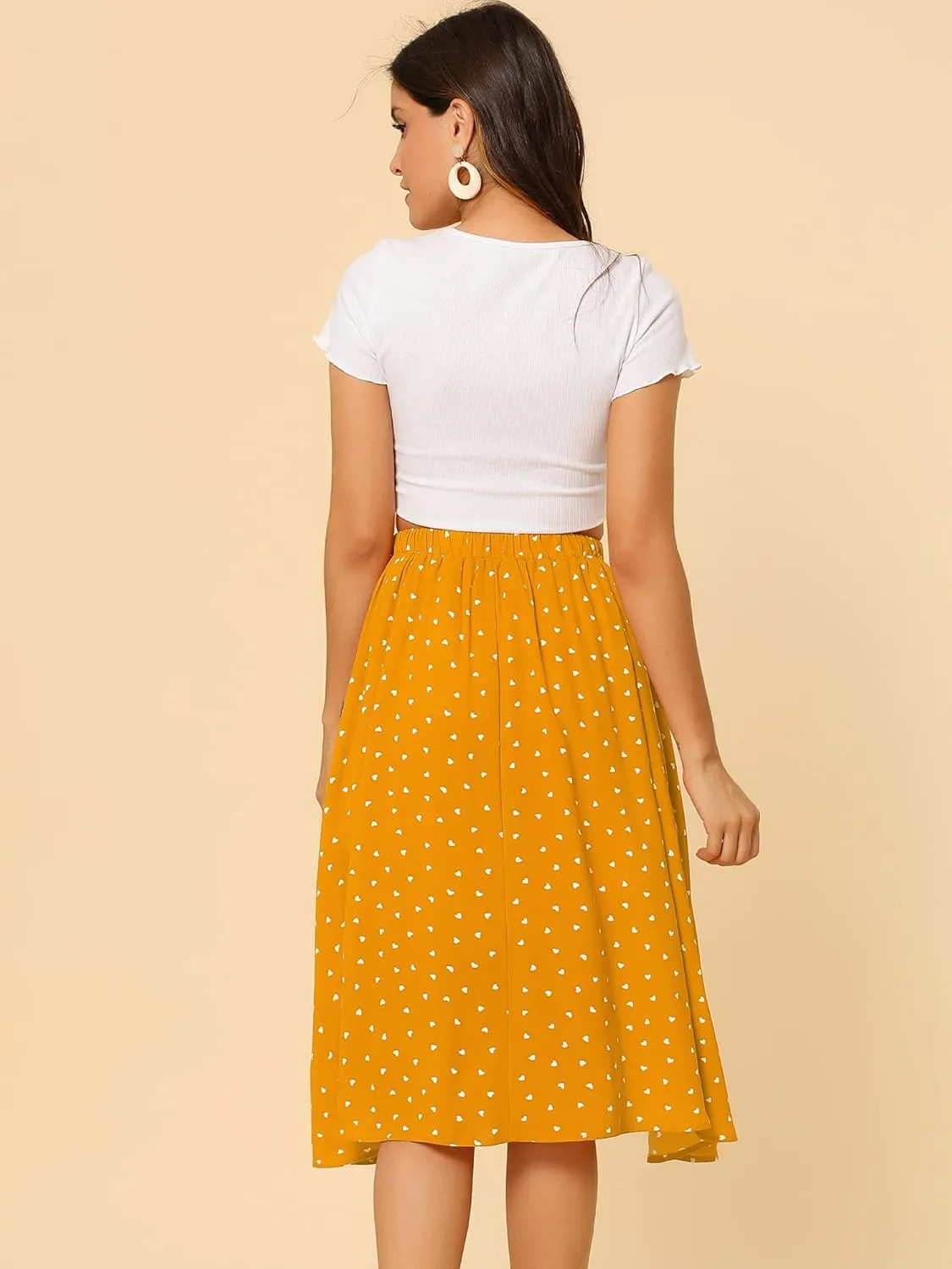 Allegra K Women's Valentine's Day Date Dinner Flowy A-Line Elastic Waist Flare Swing Midi Skirt