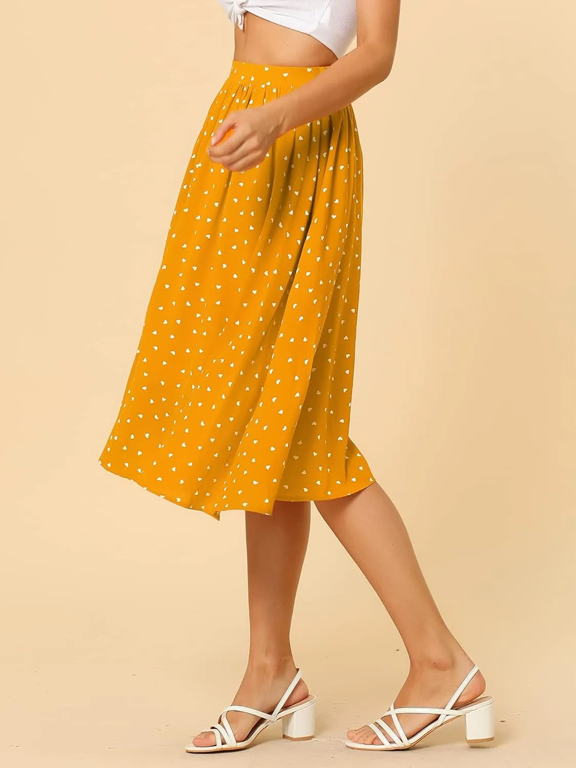 Allegra K Women's Valentine's Day Date Dinner Flowy A-Line Elastic Waist Flare Swing Midi Skirt