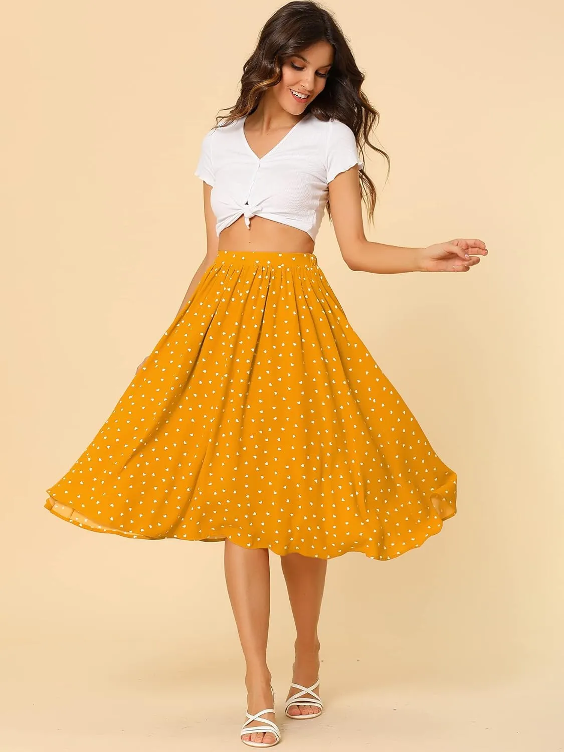 Allegra K Women's Valentine's Day Date Dinner Flowy A-Line Elastic Waist Flare Swing Midi Skirt