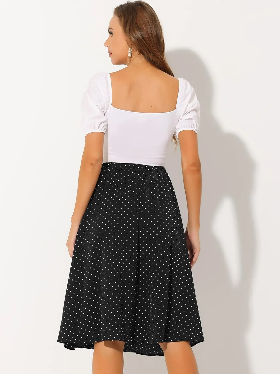 Allegra K Women's Valentine's Day Date Dinner Flowy A-Line Elastic Waist Flare Swing Midi Skirt