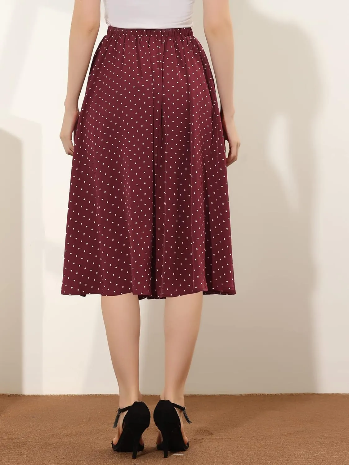 Allegra K Women's Valentine's Day Date Dinner Flowy A-Line Elastic Waist Flare Swing Midi Skirt