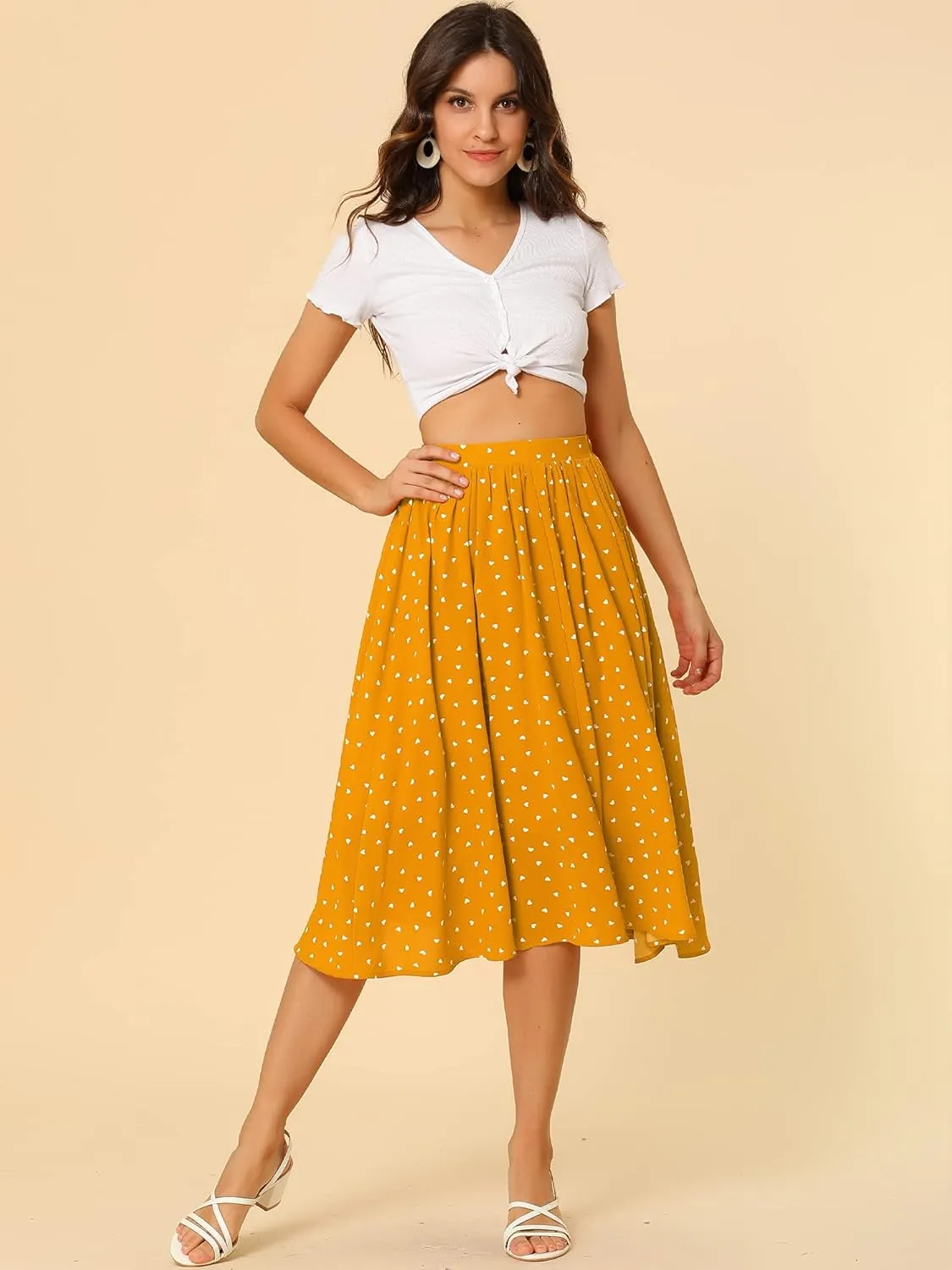 Allegra K Women's Valentine's Day Date Dinner Flowy A-Line Elastic Waist Flare Swing Midi Skirt
