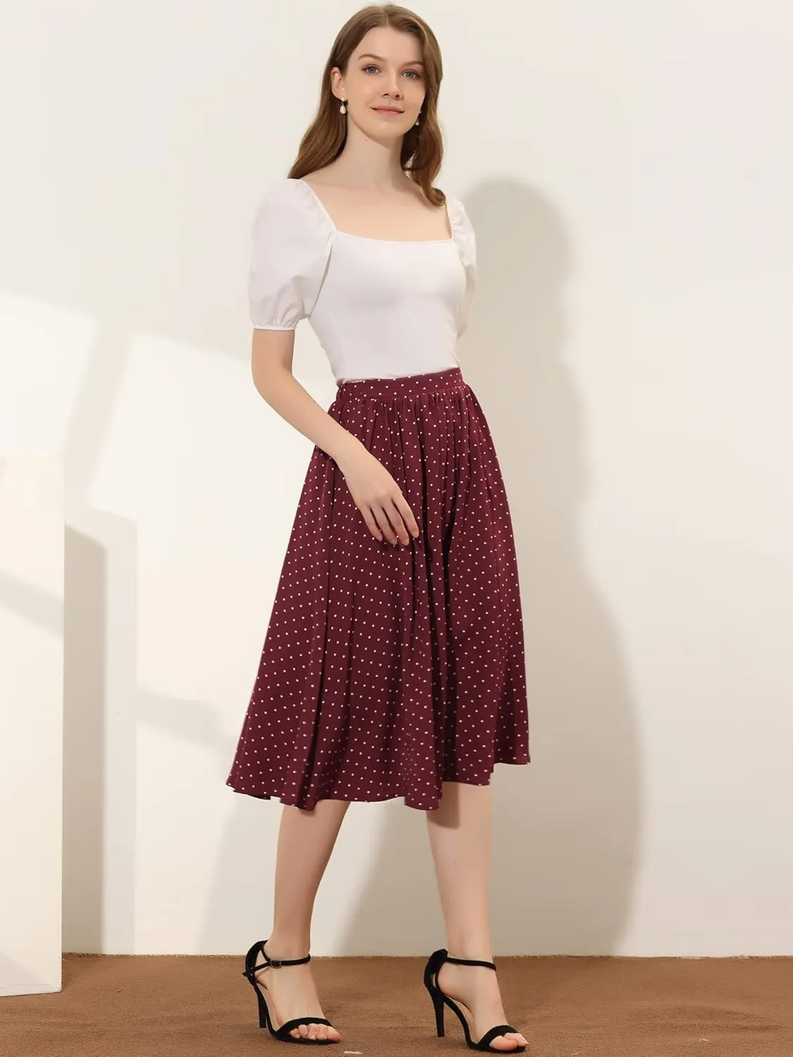 Allegra K Women's Valentine's Day Date Dinner Flowy A-Line Elastic Waist Flare Swing Midi Skirt