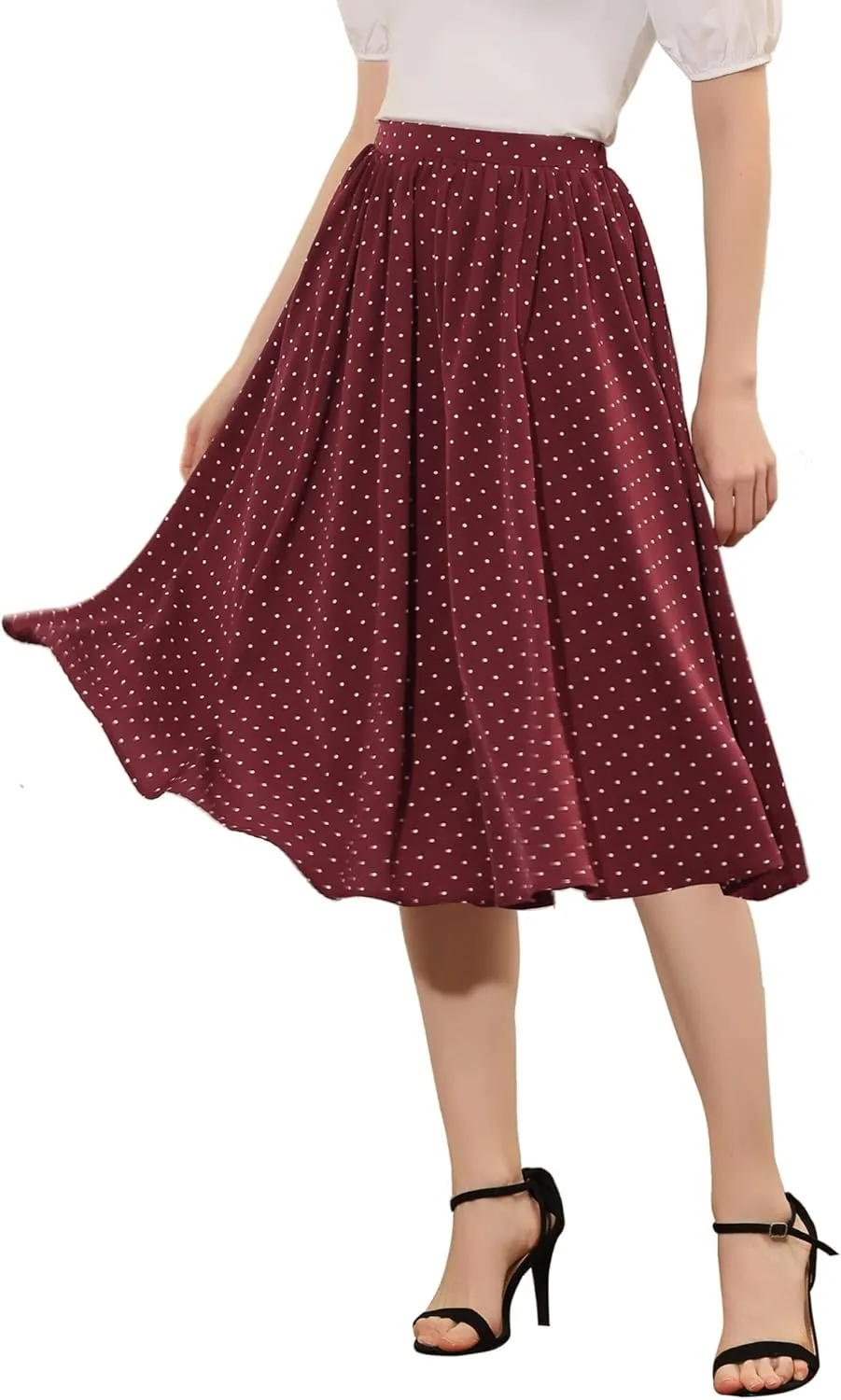 Allegra K Women's Valentine's Day Date Dinner Flowy A-Line Elastic Waist Flare Swing Midi Skirt