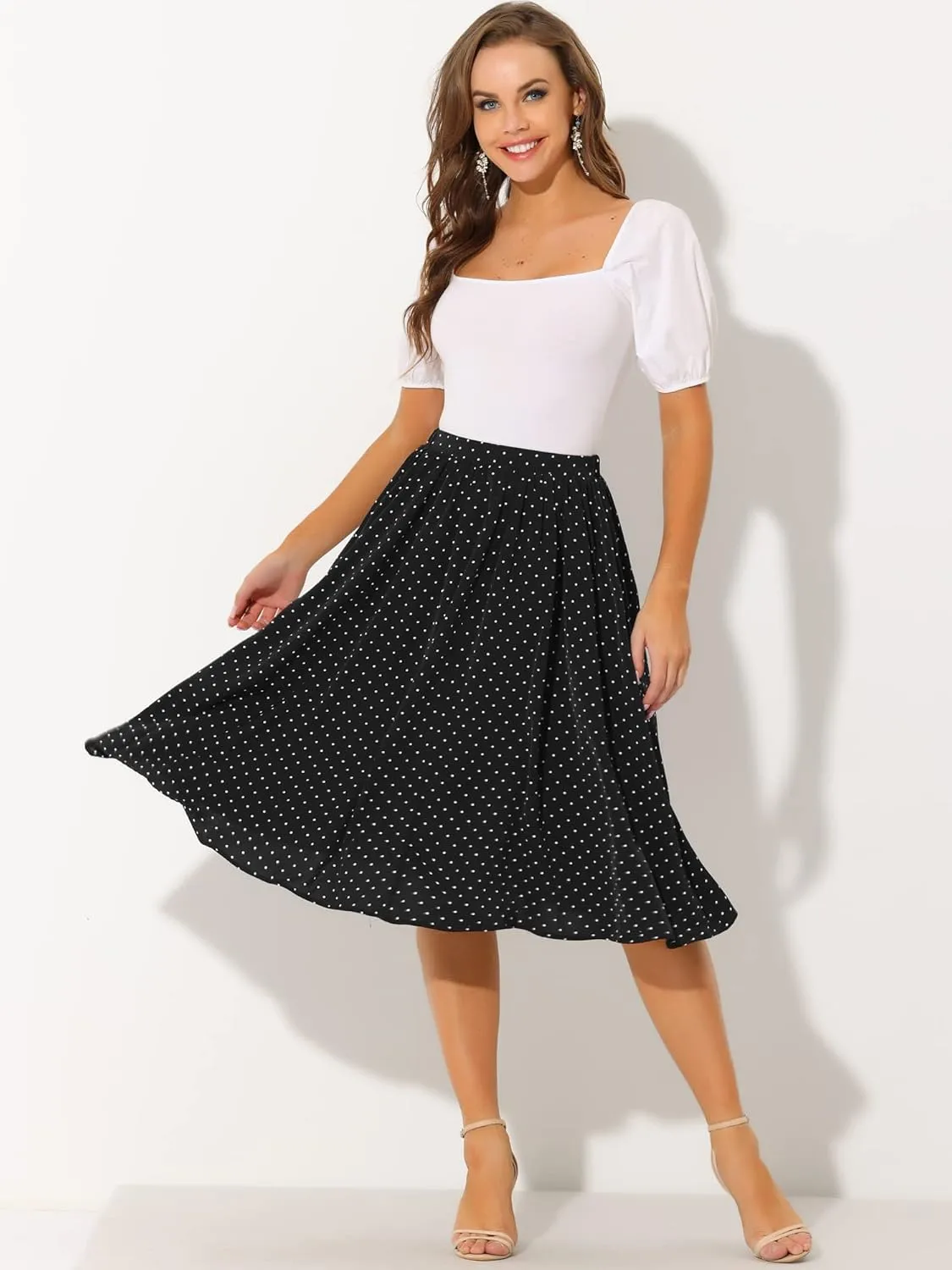 Allegra K Women's Valentine's Day Date Dinner Flowy A-Line Elastic Waist Flare Swing Midi Skirt