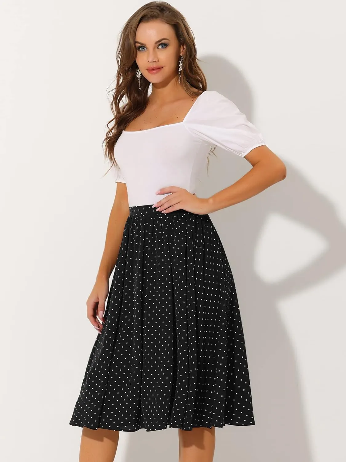 Allegra K Women's Valentine's Day Date Dinner Flowy A-Line Elastic Waist Flare Swing Midi Skirt