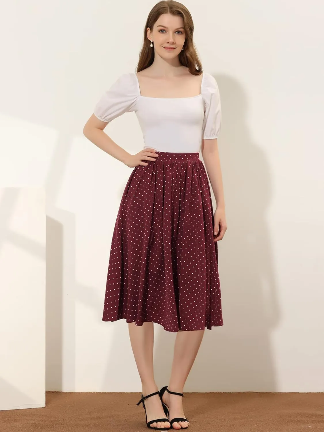 Allegra K Women's Valentine's Day Date Dinner Flowy A-Line Elastic Waist Flare Swing Midi Skirt
