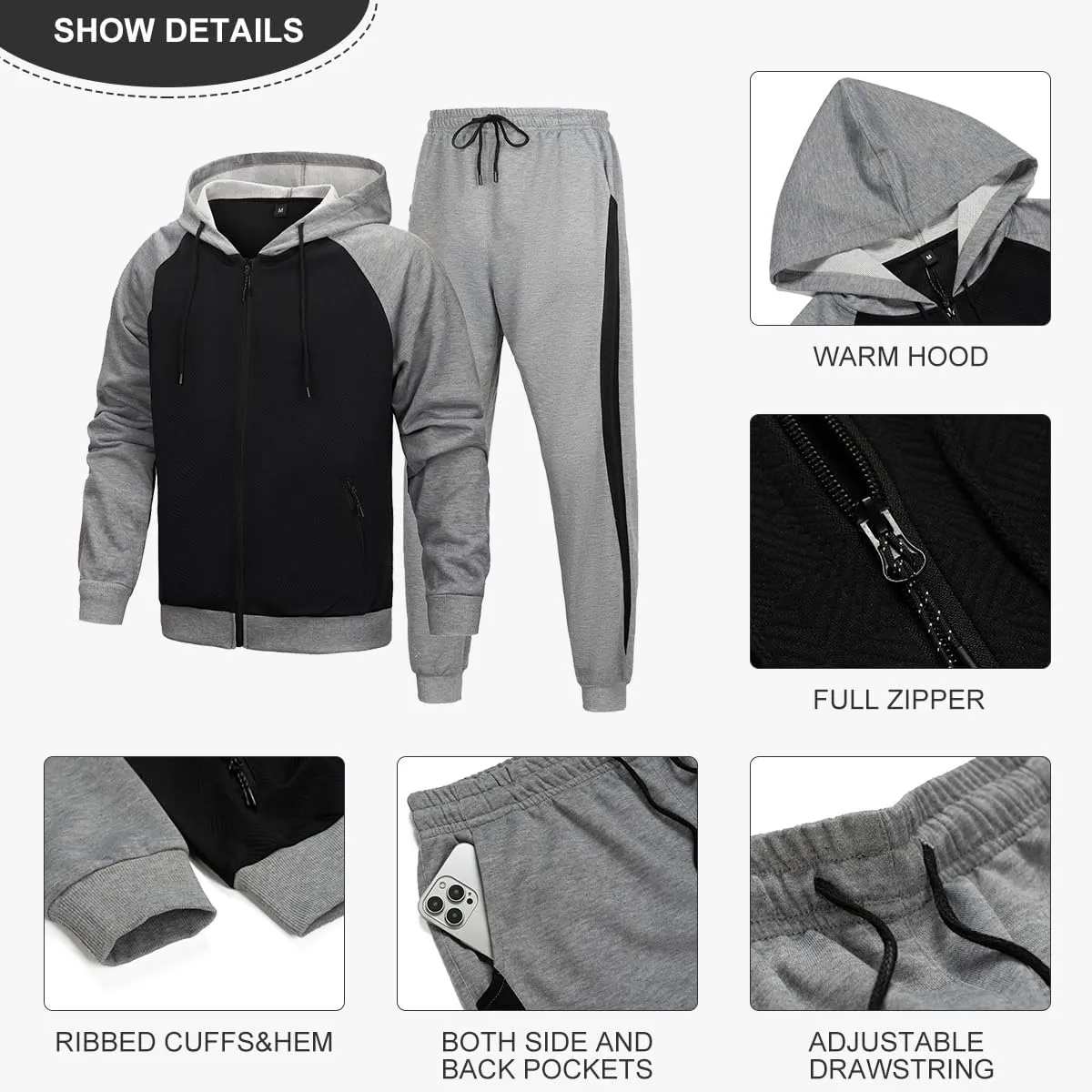 AOTORR Men's Hooded Athletic Tracksuit Sweatsuit Long Sleeve Full-Zip Jogging Sweatpants 2 Piece Patchwork Sportsuits