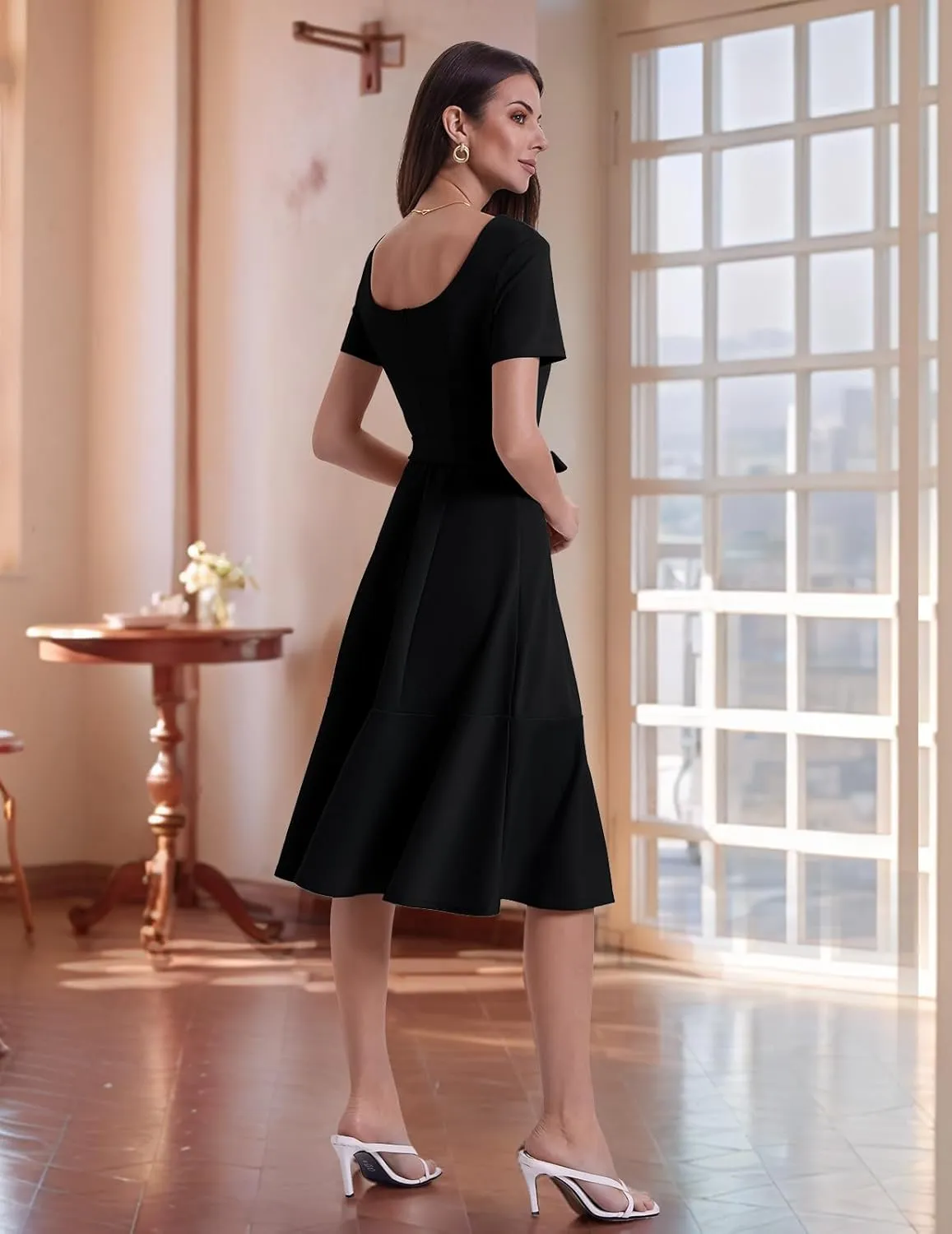 Bbonlinedress Womens Short Sleeve Wedding Guest Dresses Cocktail Vintage Party Church Formal A-Line Midi Dress with Belt