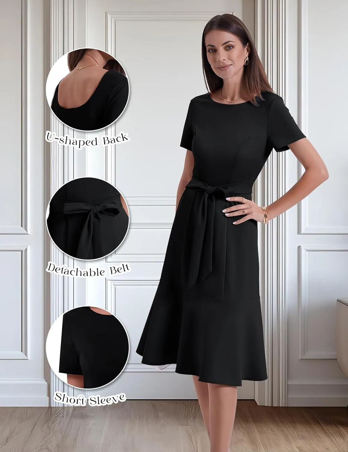 Bbonlinedress Womens Short Sleeve Wedding Guest Dresses Cocktail Vintage Party Church Formal A-Line Midi Dress with Belt