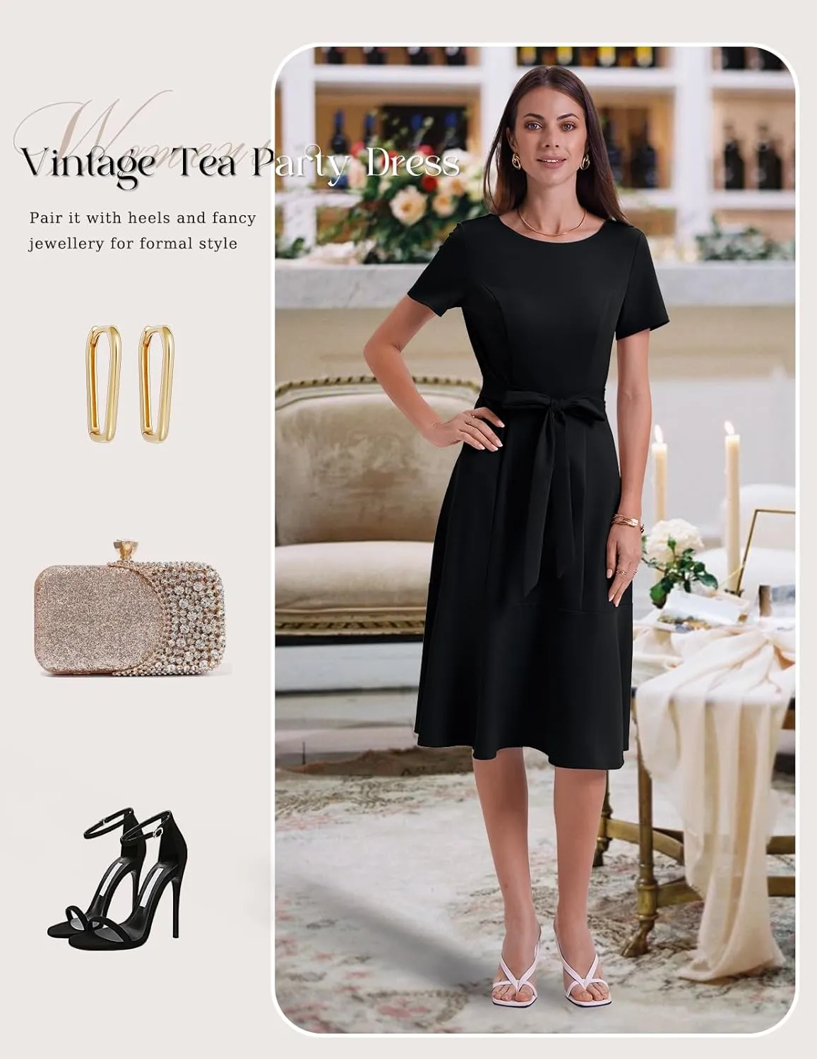 Bbonlinedress Womens Short Sleeve Wedding Guest Dresses Cocktail Vintage Party Church Formal A-Line Midi Dress with Belt