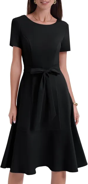 Bbonlinedress Womens Short Sleeve Wedding Guest Dresses Cocktail Vintage Party Church Formal A-Line Midi Dress with Belt
