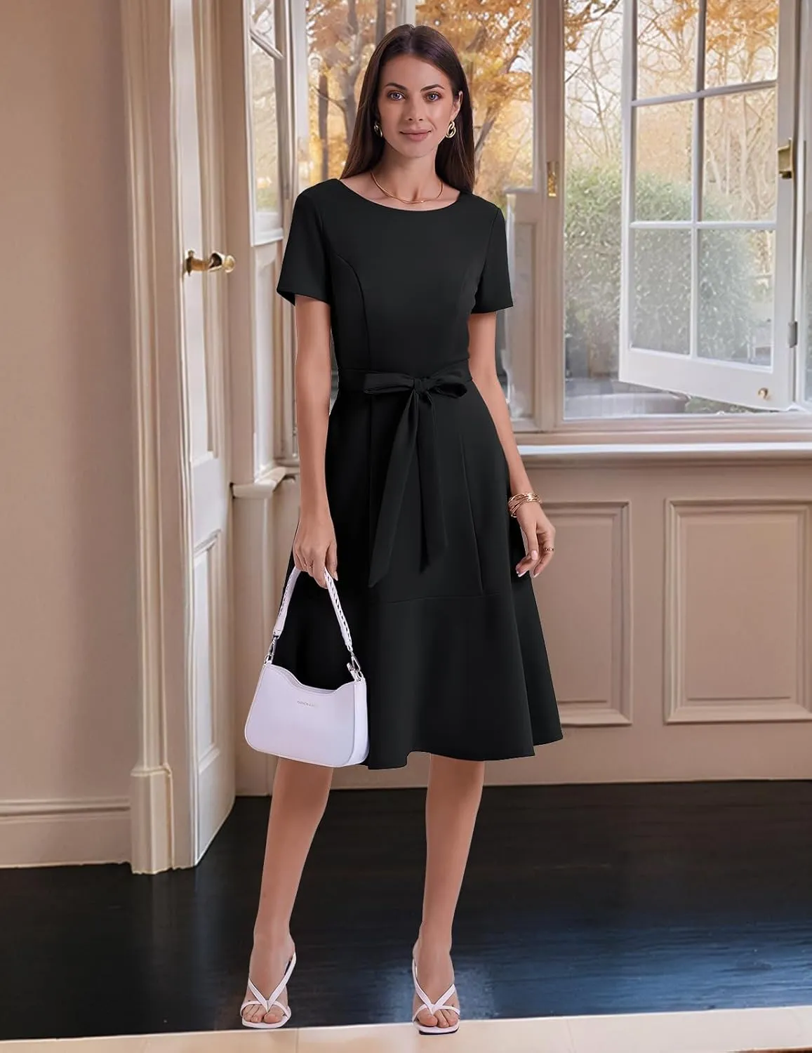 Bbonlinedress Womens Short Sleeve Wedding Guest Dresses Cocktail Vintage Party Church Formal A-Line Midi Dress with Belt