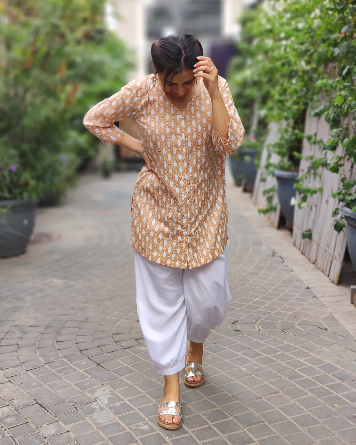 Beige Fish V-Neck Shirt