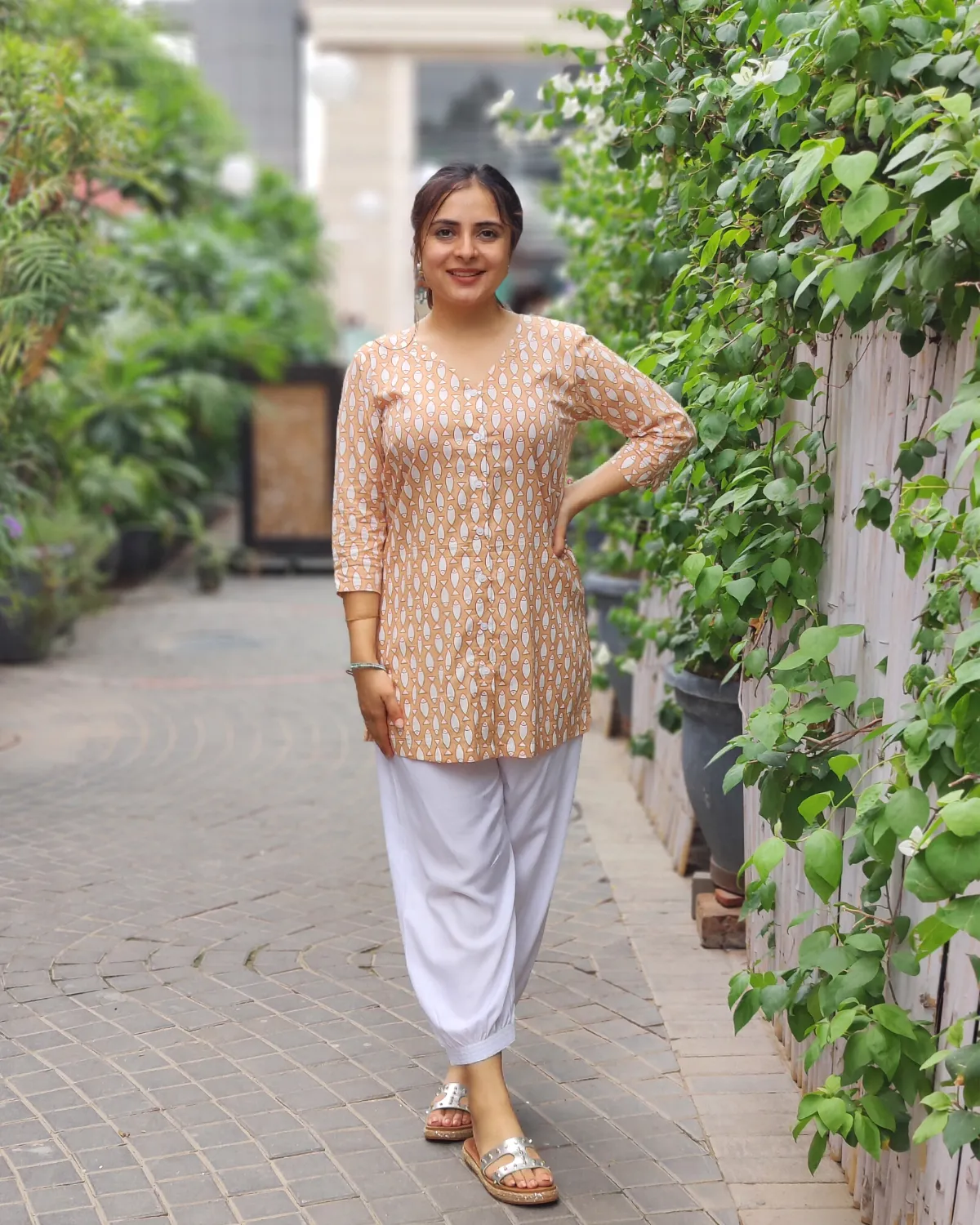 Beige Fish V-Neck Shirt