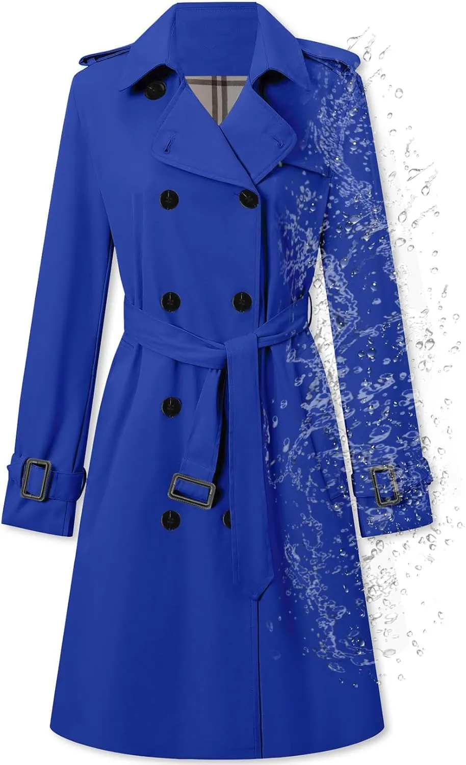 Betusline Women's Long Double-Breasted Waterproof Trench Coat with Belt