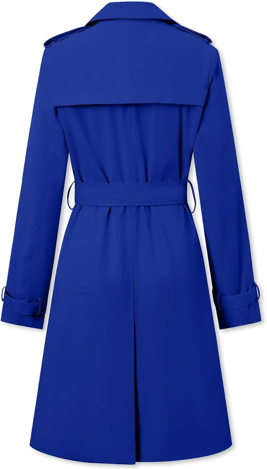 Betusline Women's Long Double-Breasted Waterproof Trench Coat with Belt