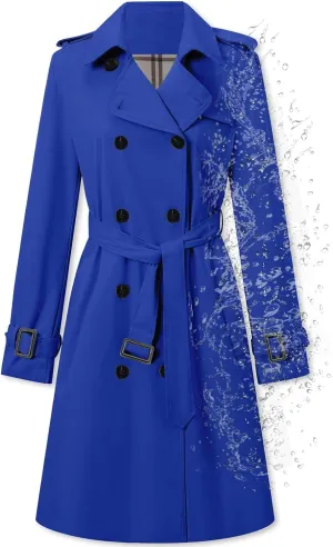 Betusline Women's Long Double-Breasted Waterproof Trench Coat with Belt