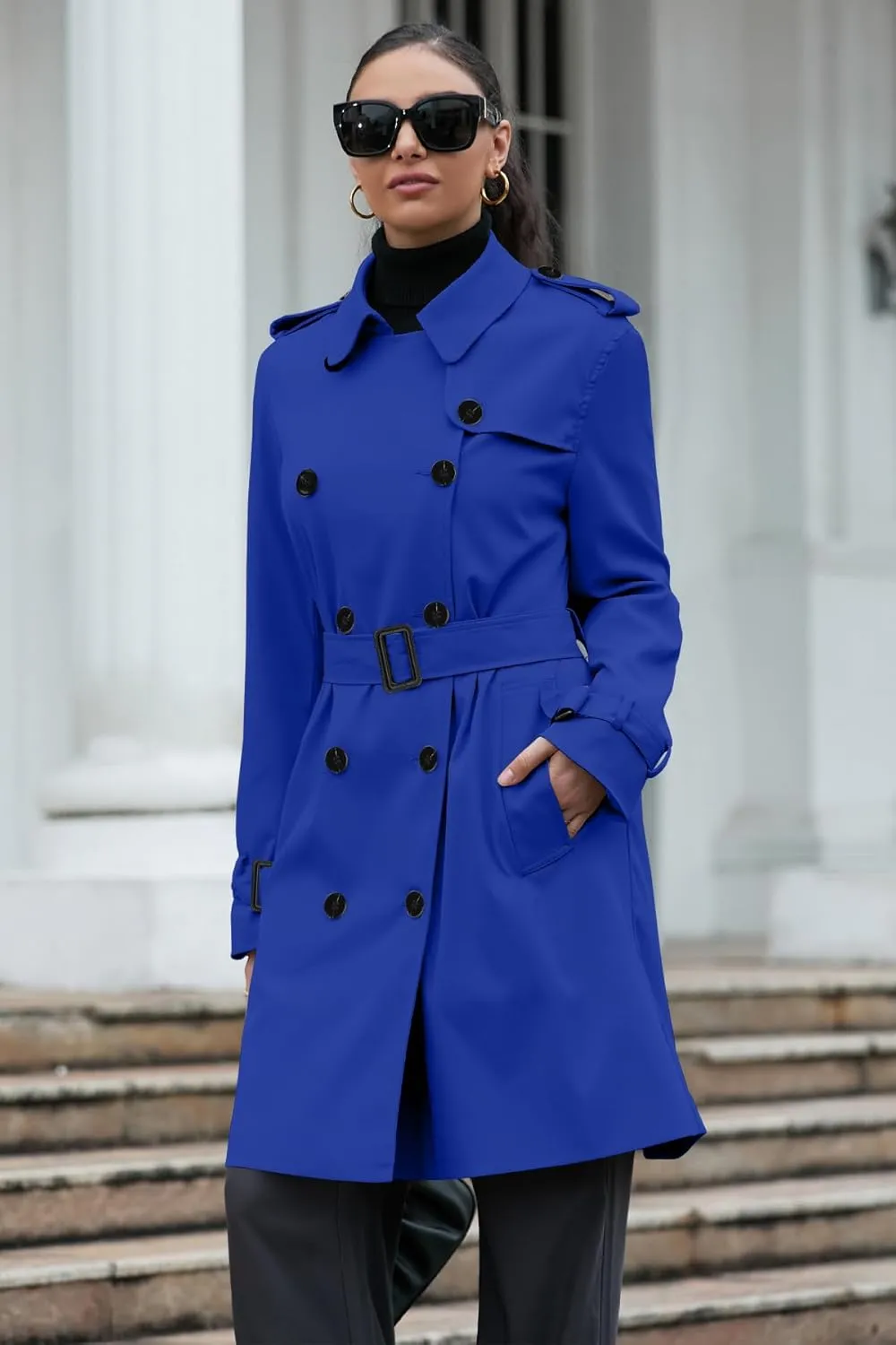 Betusline Women's Long Double-Breasted Waterproof Trench Coat with Belt