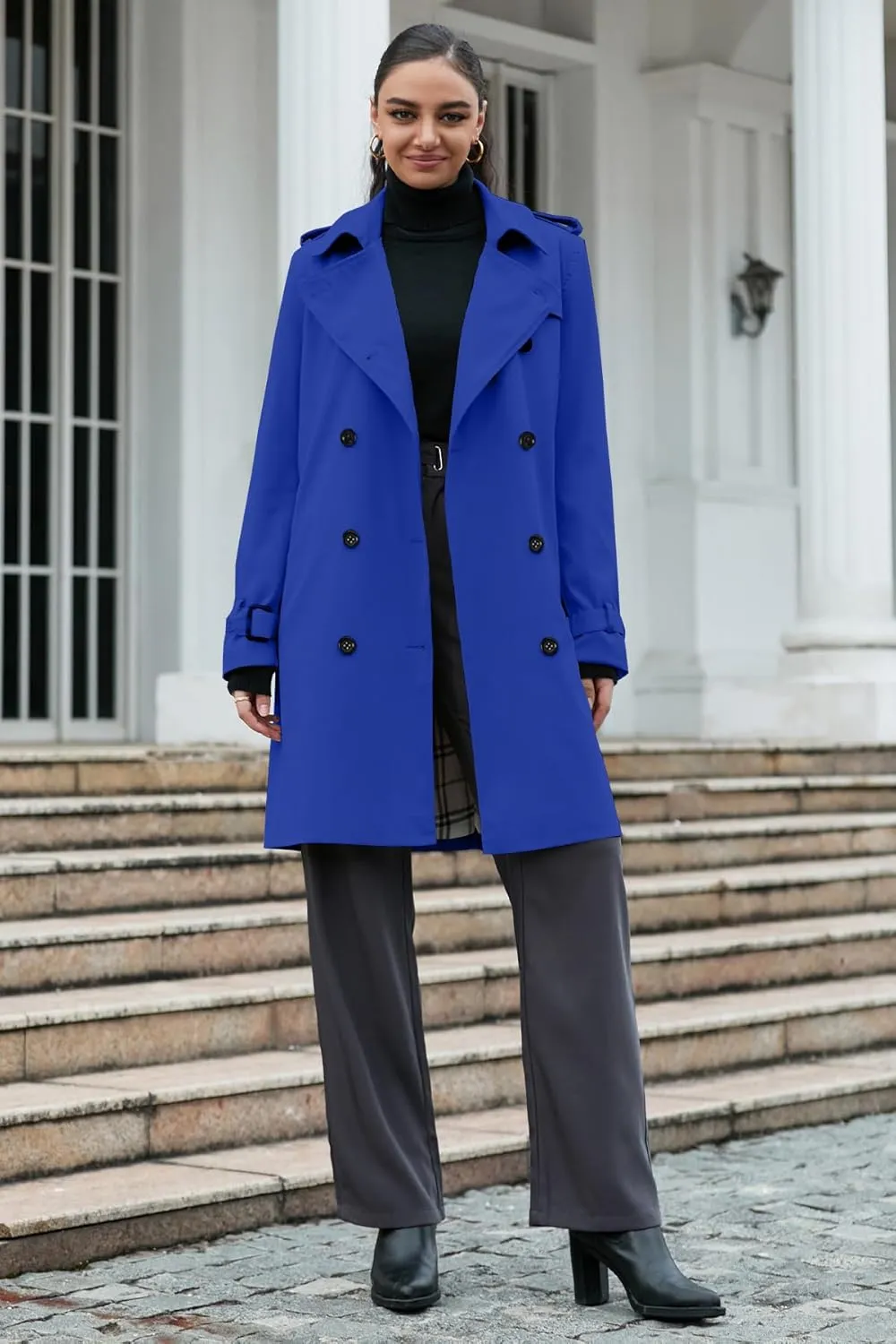 Betusline Women's Long Double-Breasted Waterproof Trench Coat with Belt