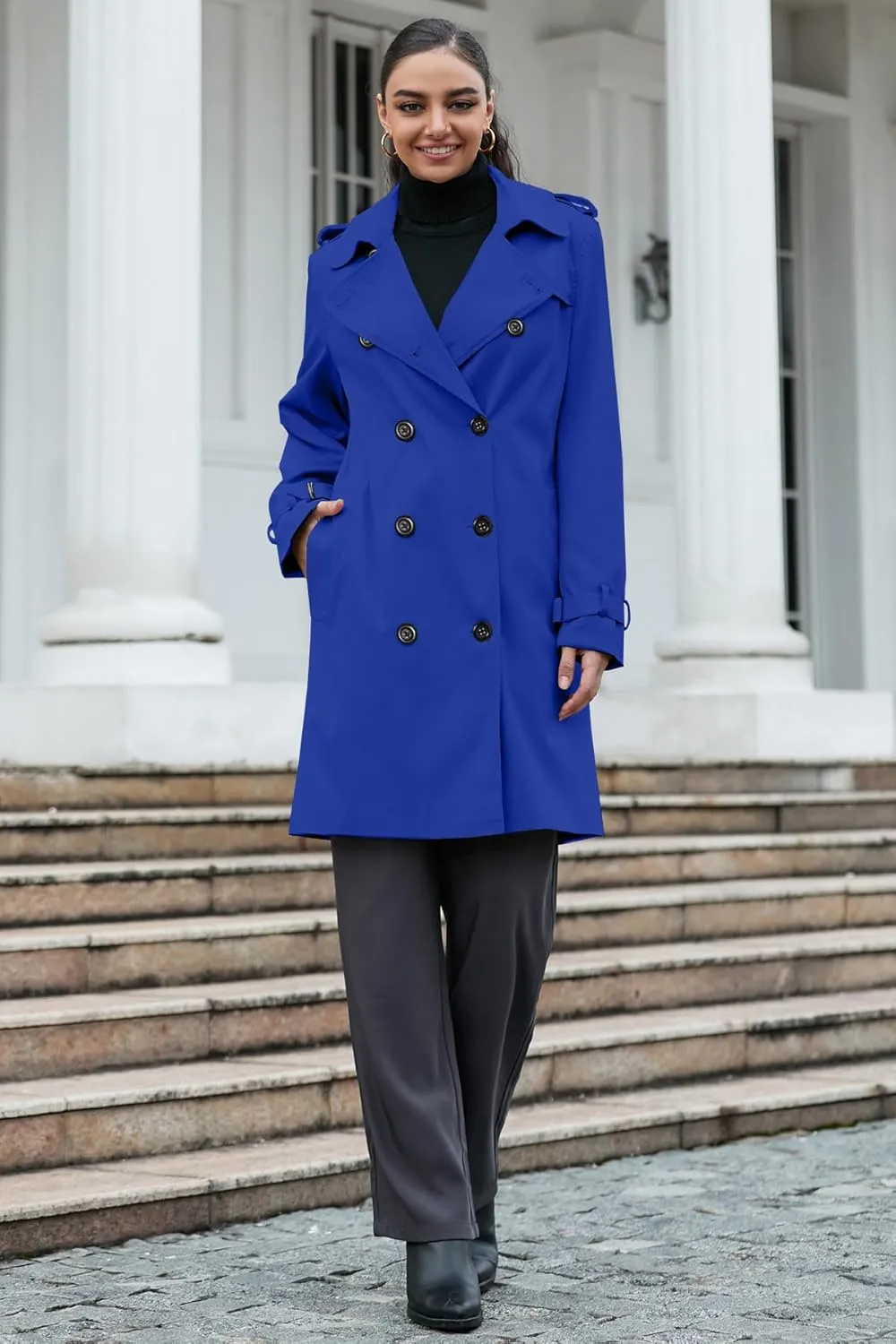 Betusline Women's Long Double-Breasted Waterproof Trench Coat with Belt