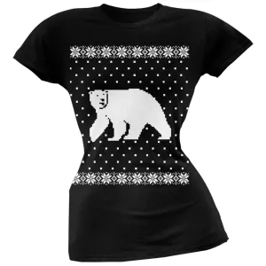 Big Polar Bear Ugly Christmas Sweater Black Soft Juniors T-Shirt