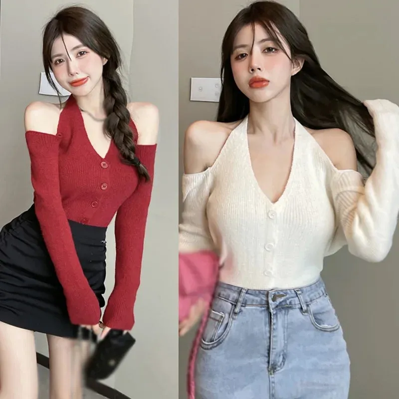 Bonnyshow  Women's Knitted Collared Sweaters Long Sleeve V-Neck  Shirts Winter Pullover Tops