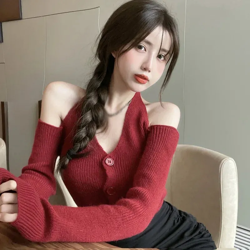 Bonnyshow  Women's Knitted Collared Sweaters Long Sleeve V-Neck  Shirts Winter Pullover Tops