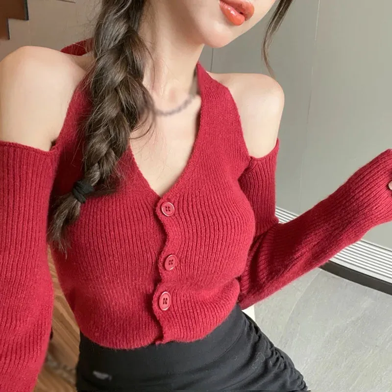 Bonnyshow  Women's Knitted Collared Sweaters Long Sleeve V-Neck  Shirts Winter Pullover Tops