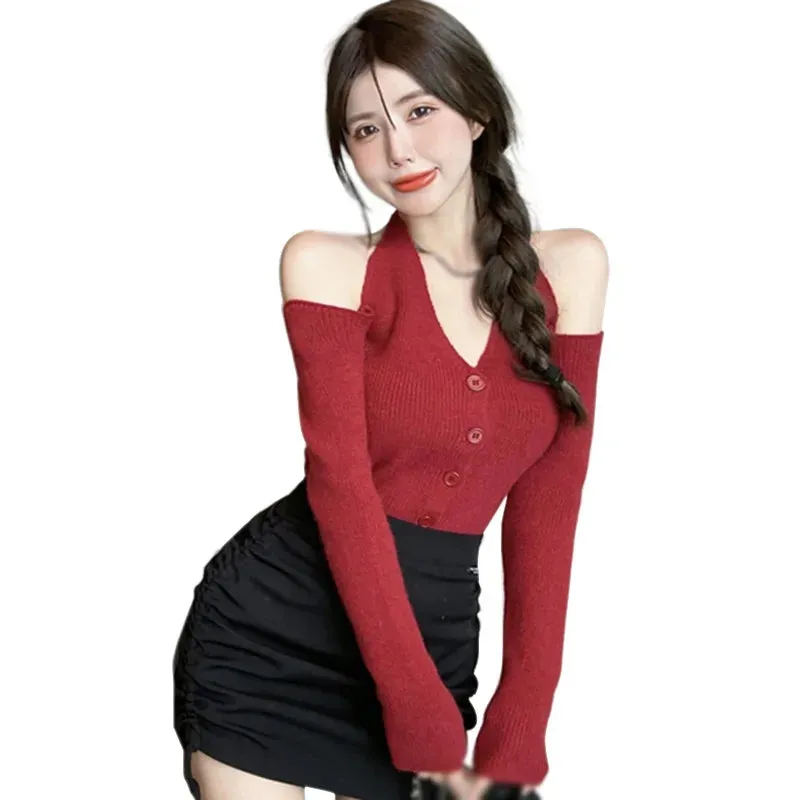 Bonnyshow  Women's Knitted Collared Sweaters Long Sleeve V-Neck  Shirts Winter Pullover Tops