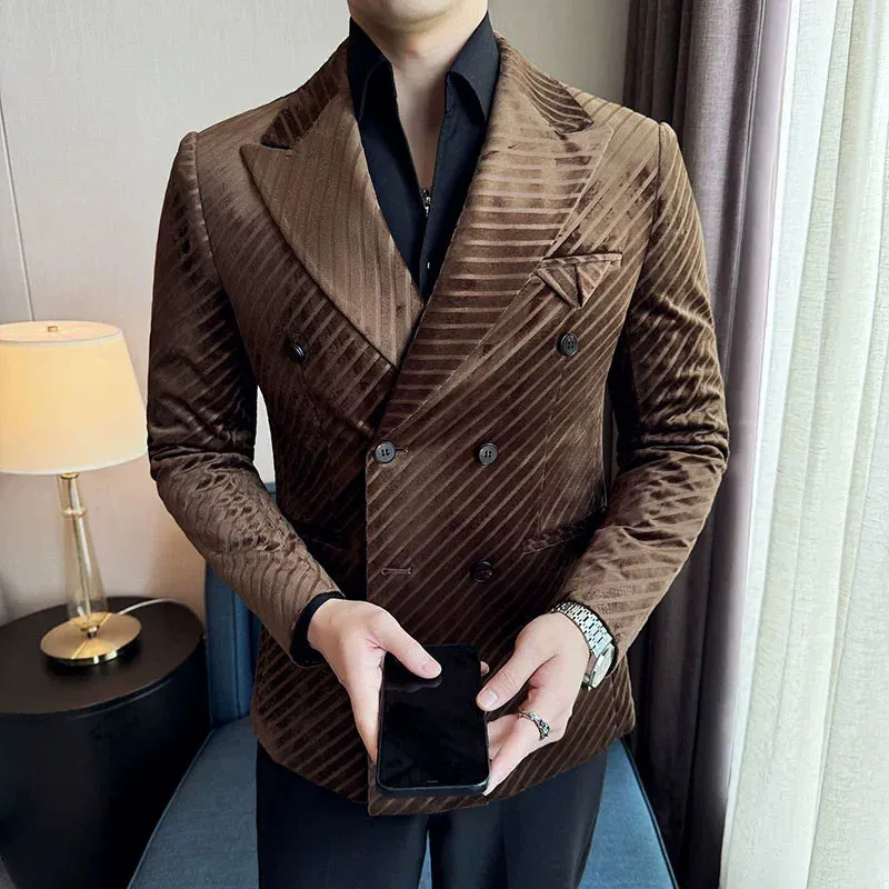 Bonsir Velvet Twill Double Breasted Suit Jacket Men 2024 New Business Casual Slim Blazer Formal Wedding Party Suit Coats Men Clothing