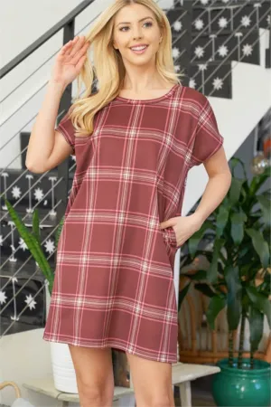 Burgundy PLAID SHORT SLEEVE ABOVE KNEE DRESS