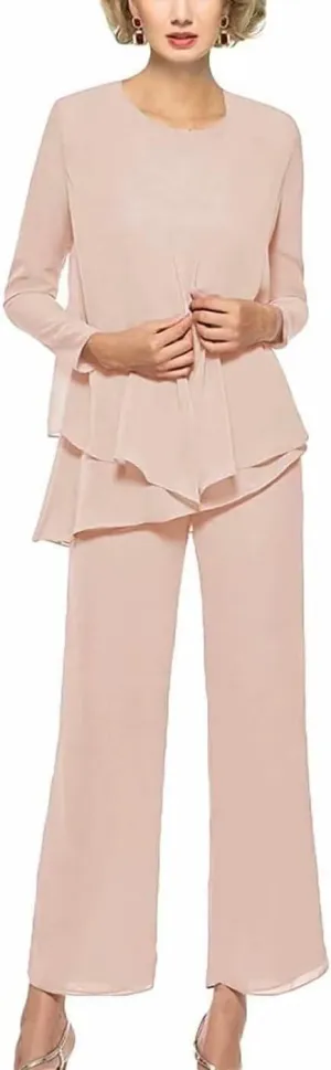 Chiffon 3 Pieces Mother of The Bride Pants Suits for Wedding Long Sleeves Evening Gown with Jacket Outfit Set