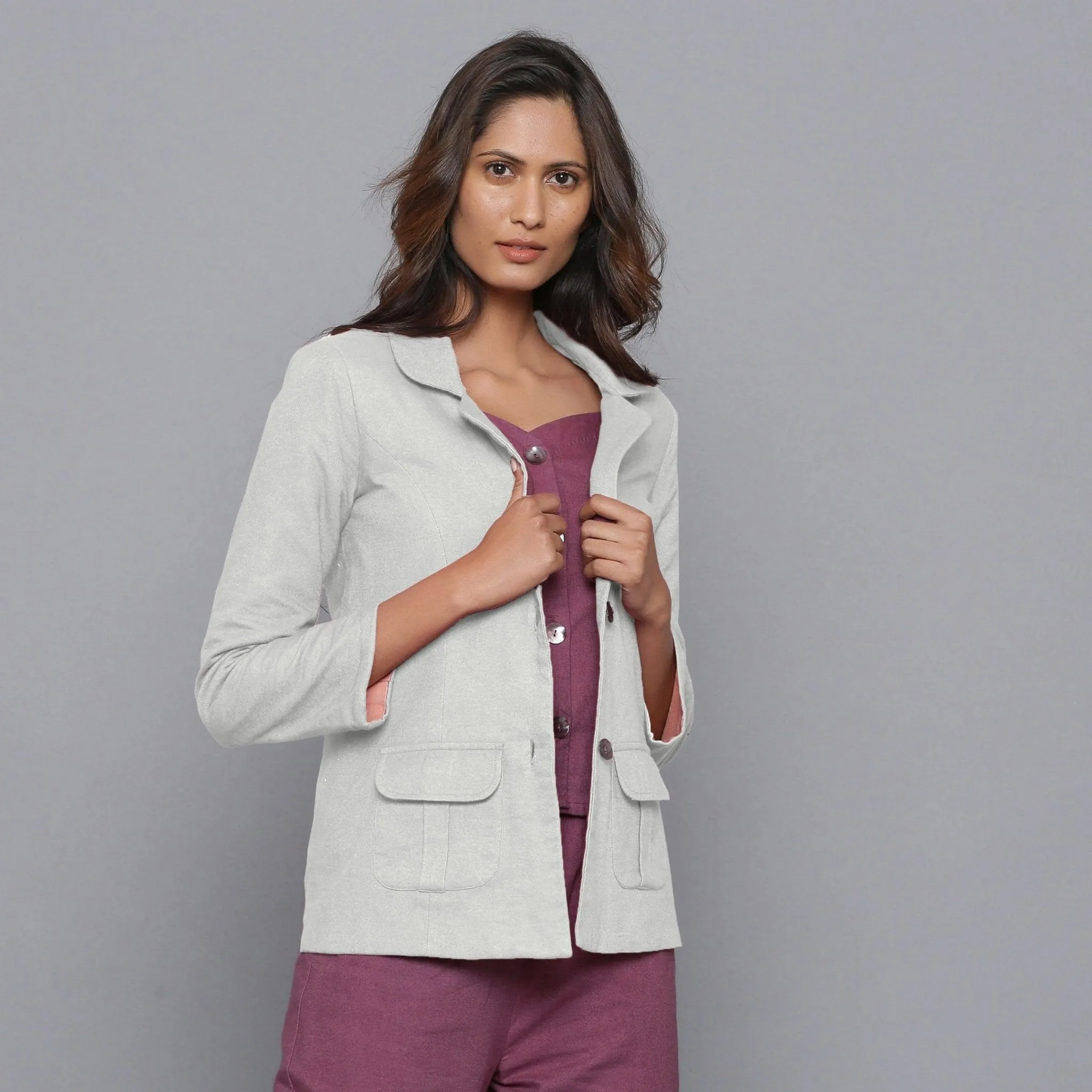 Cloudy Grey Slim Fit Warm Cotton Flannel Blazer