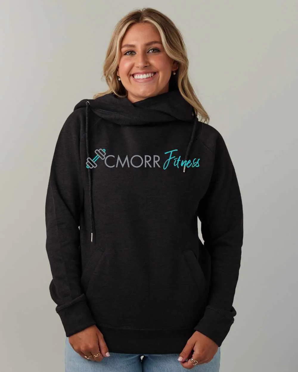 Cmorrfitness Logo TEAL/GREY LETTERING Colette Morris Women's Cowl Neck Sweater Top
