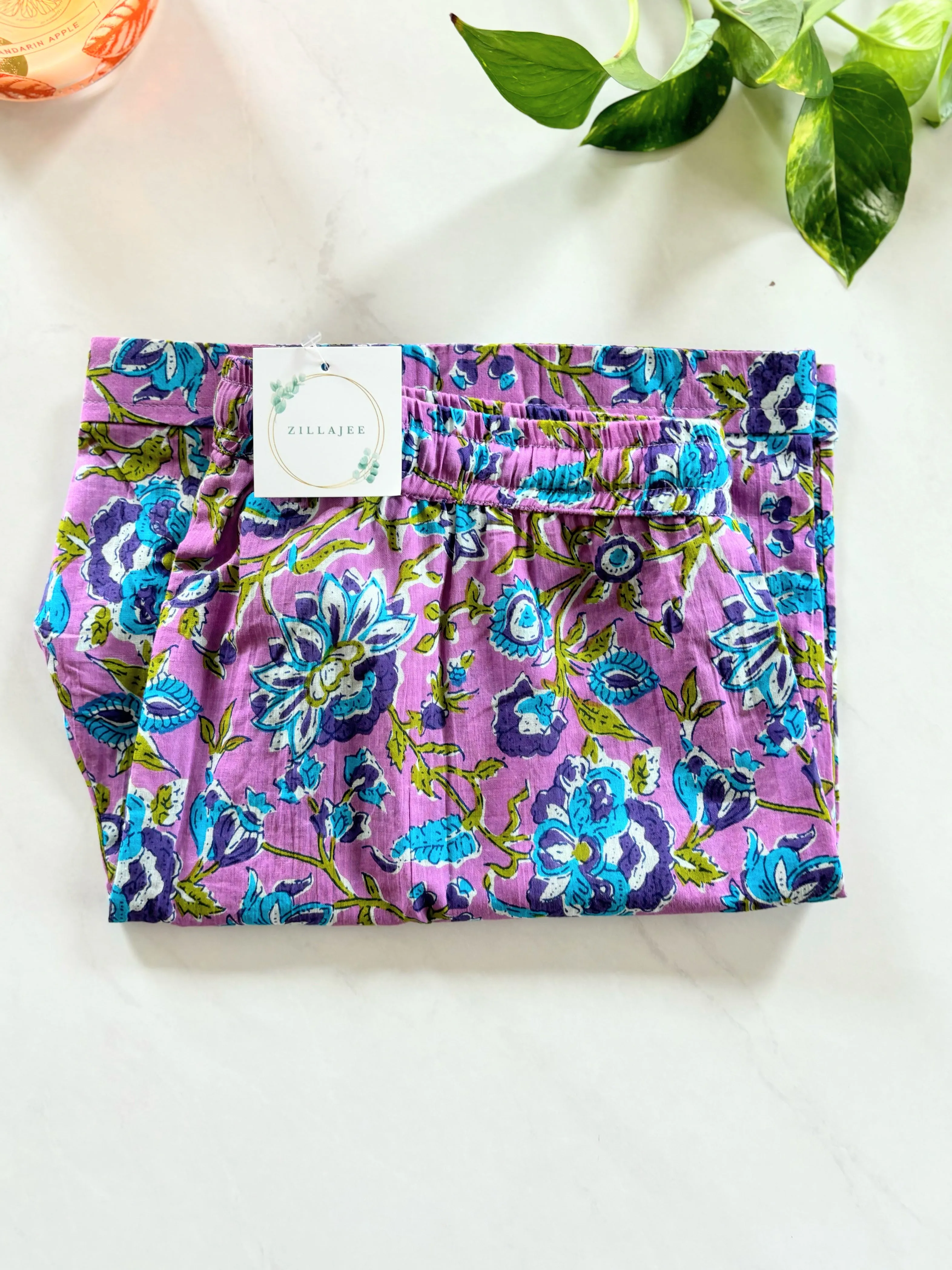 Cotton Pajama Shorts for Women with Pockets - Mystic Lavender