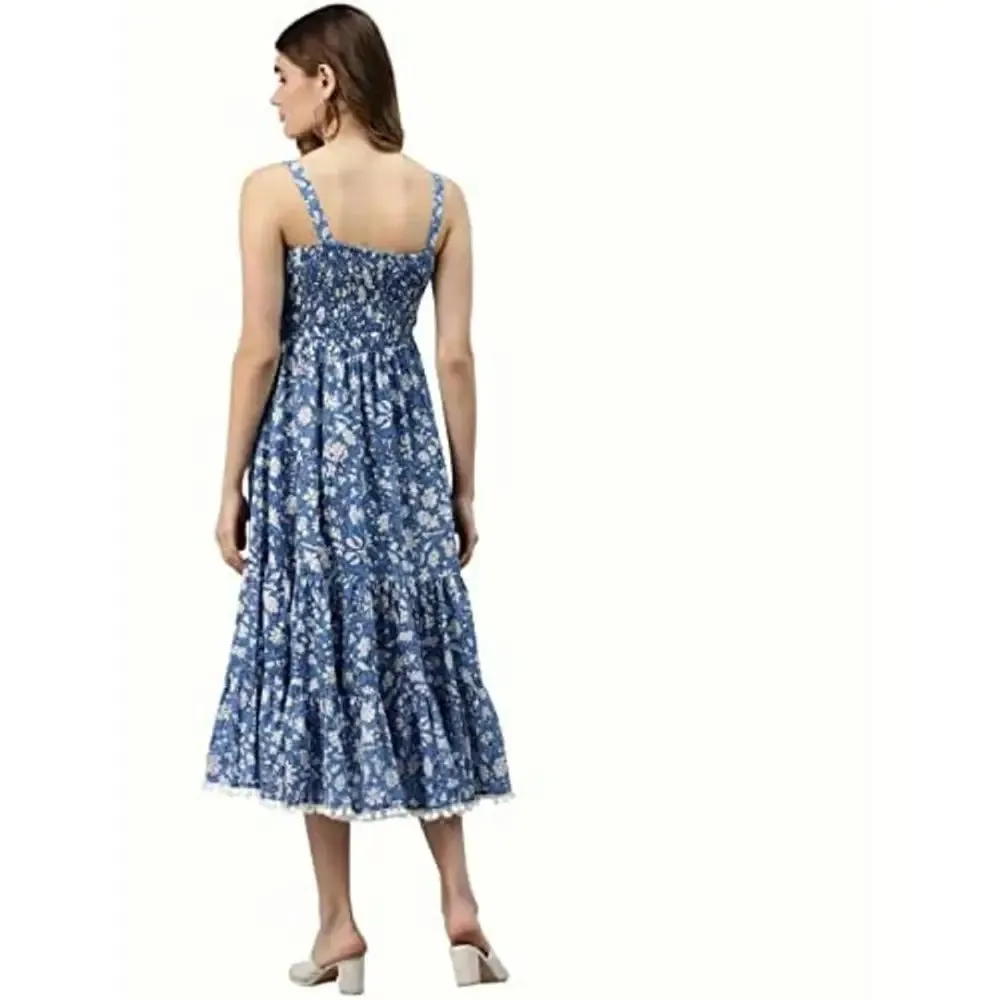 Divena Indigo Floral Printed Shoulder Strip Long Dress