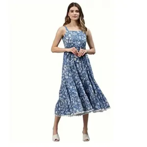 Divena Indigo Floral Printed Shoulder Strip Long Dress