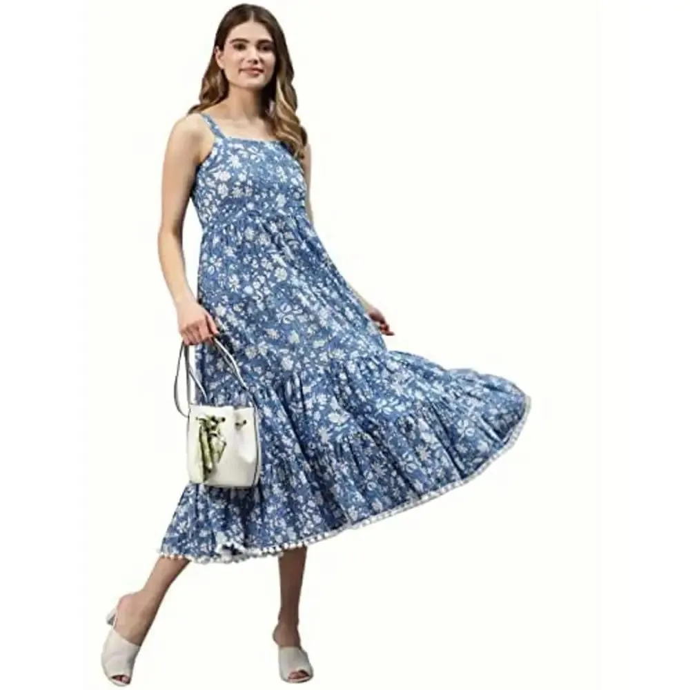 Divena Indigo Floral Printed Shoulder Strip Long Dress