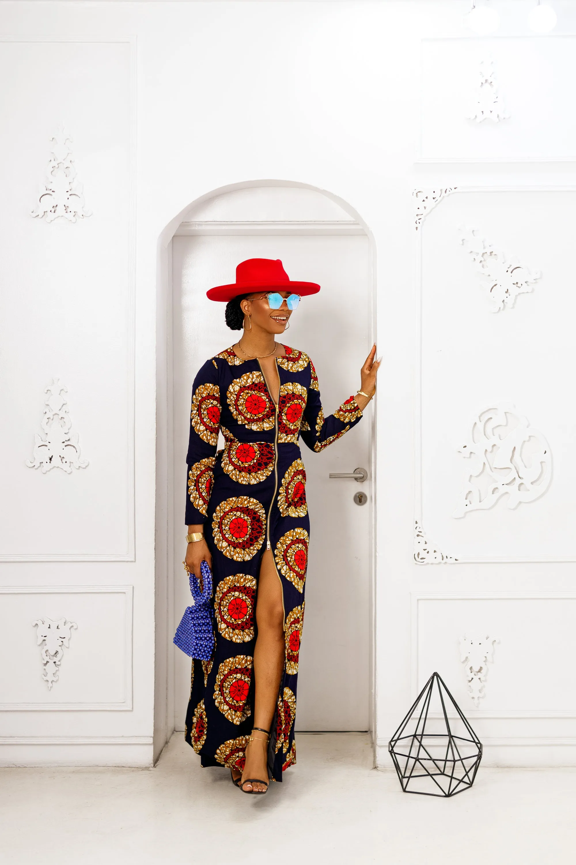 FARIDA AFRICAN PRINT LONG SLEEVE FRONT ZIP MAXI DRESS [RED]